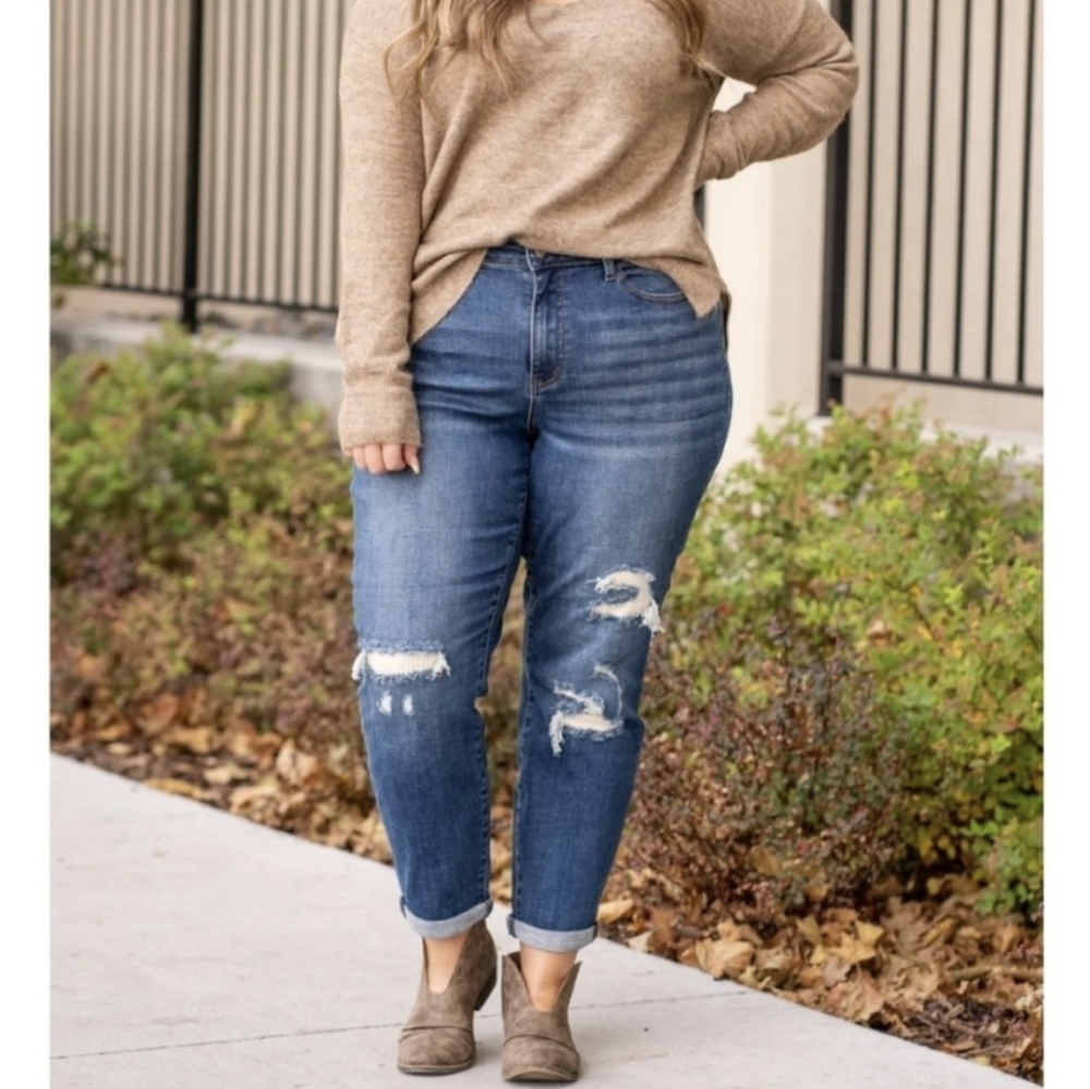 JUDY BLUE Boyfriend Fit Distressed High Rise Blue Jeans JB88306 Size 15/32